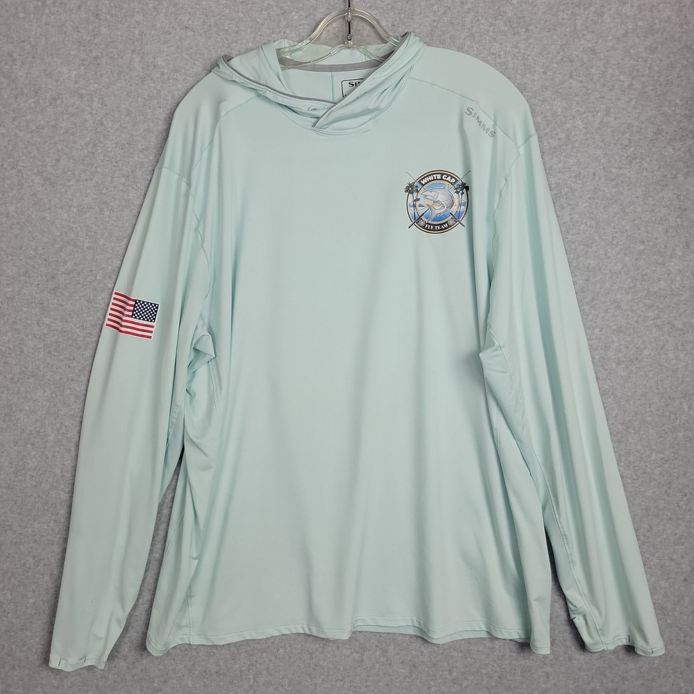 Simms Solarflex UPF 50 Sun Hoodie Mens XL Blue White Cap Fly Team Fishing Shirt